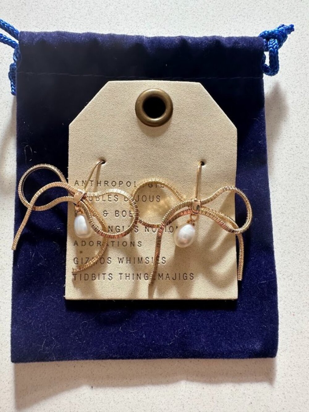 Anthropologie 14 Gold Plated Bow and Pearl Drop Hook Earrings - New!